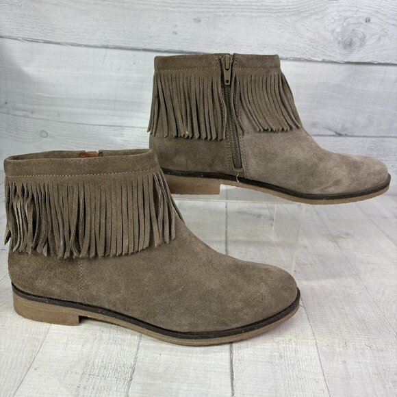 Lucky Brand GALLEY Taupe Leather Suede Low Heel Fringe Zip Ankle Boots Sz 8.5 M - Picture 3 of 16
